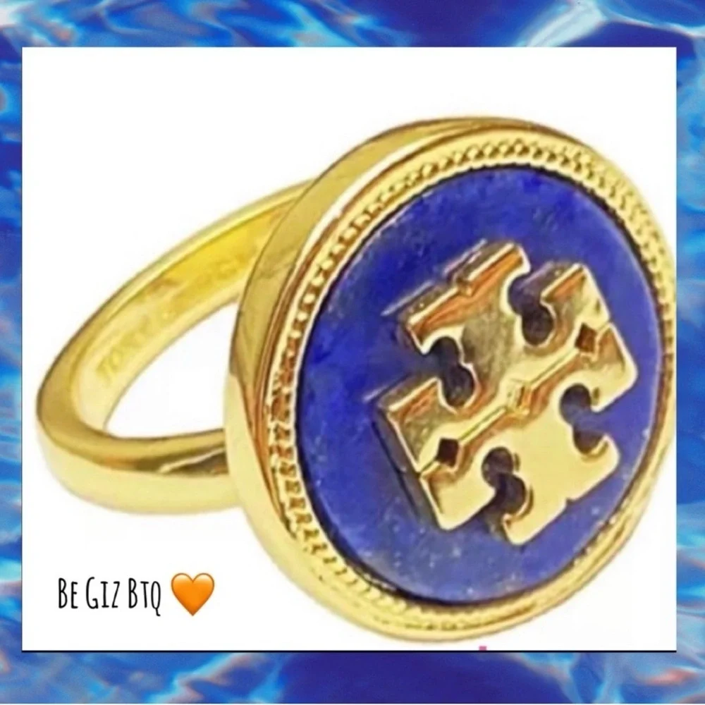 🆕 Tory Burch Authentic Gold And Blue Lapis Lazuli Round With Logo Ring Size 7